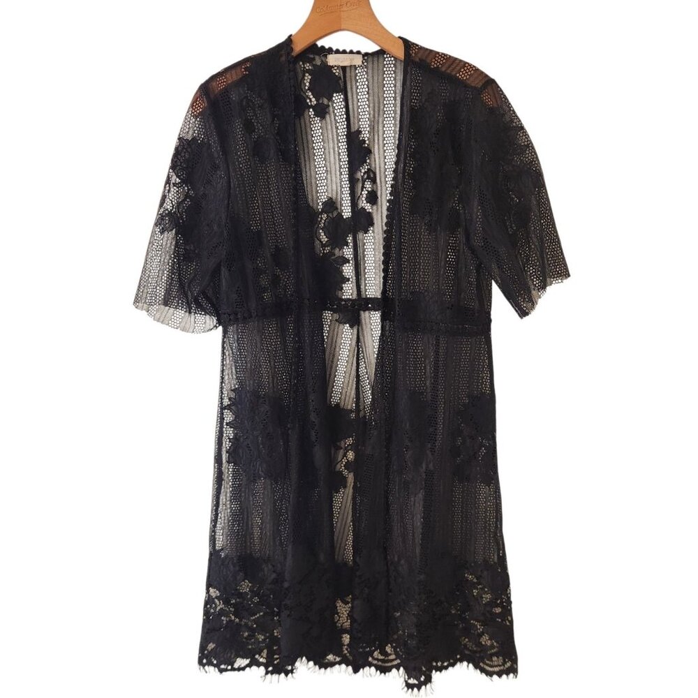 Paper Tee Cover Up Black Lace Floral Sheer‎ Beach Open Front Robe Sheer Large
